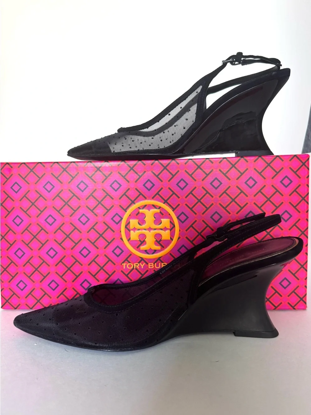 NWOT Tory Burch Black Pointed Doible T Polka Dot Mesh Slingback Wedge US6.5
